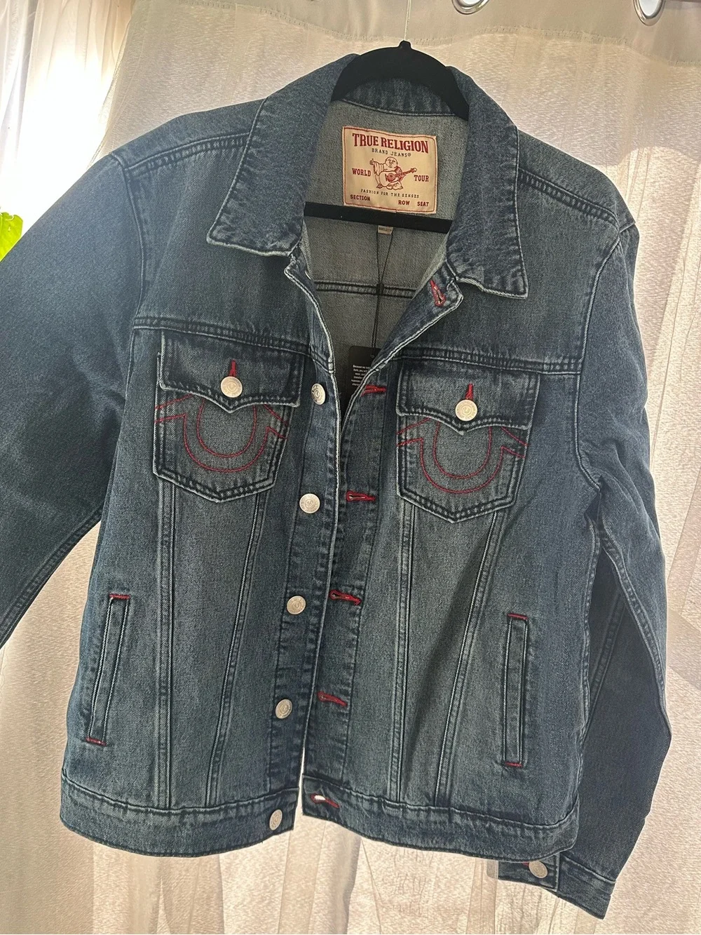 True Religion Men's Dark Blue Denim Jacket with Red Logo